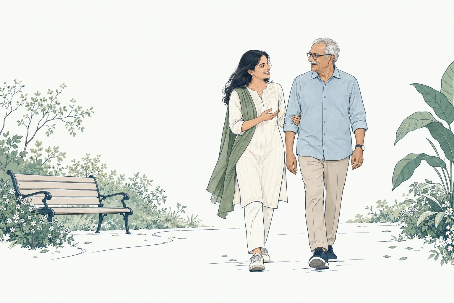 Illustration of a woman enjoying a garden walk with her father