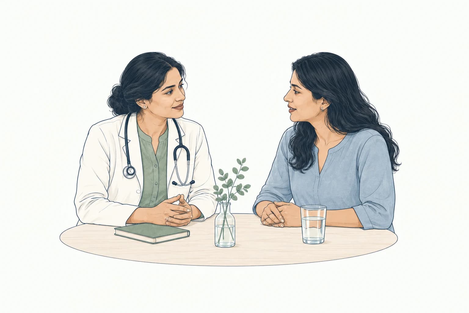 Illustration of a doctor listening to a woman during a consultation