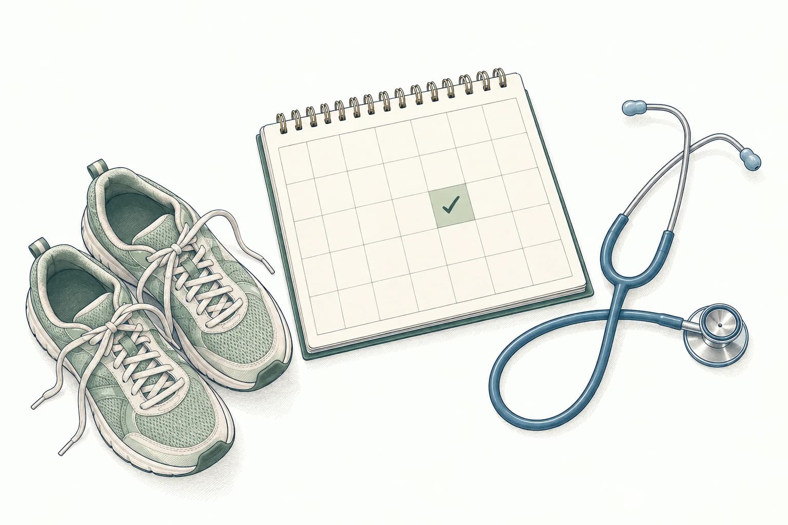 Illustration of a health-check calendar, stethoscope and a pair of walking shoes