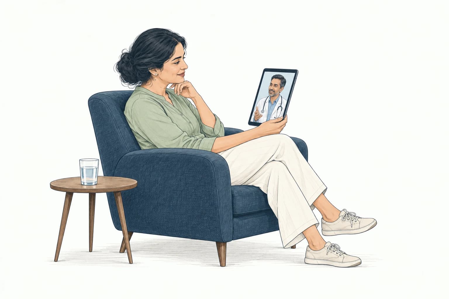 Illustration of a woman speaking with a doctor on a tablet from her armchair at home