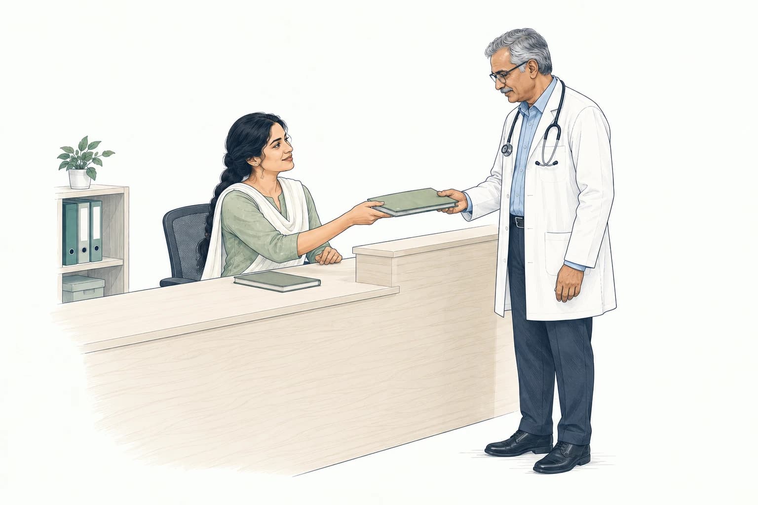 Illustration of a clinic administrator handing a folder to a doctor across a reception counter