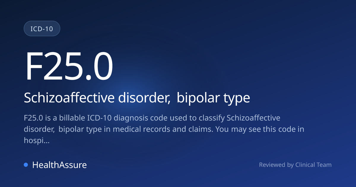 ICD-10 Code F25.0 for Schizoaffective disorder, bipolar type | HealthAssure