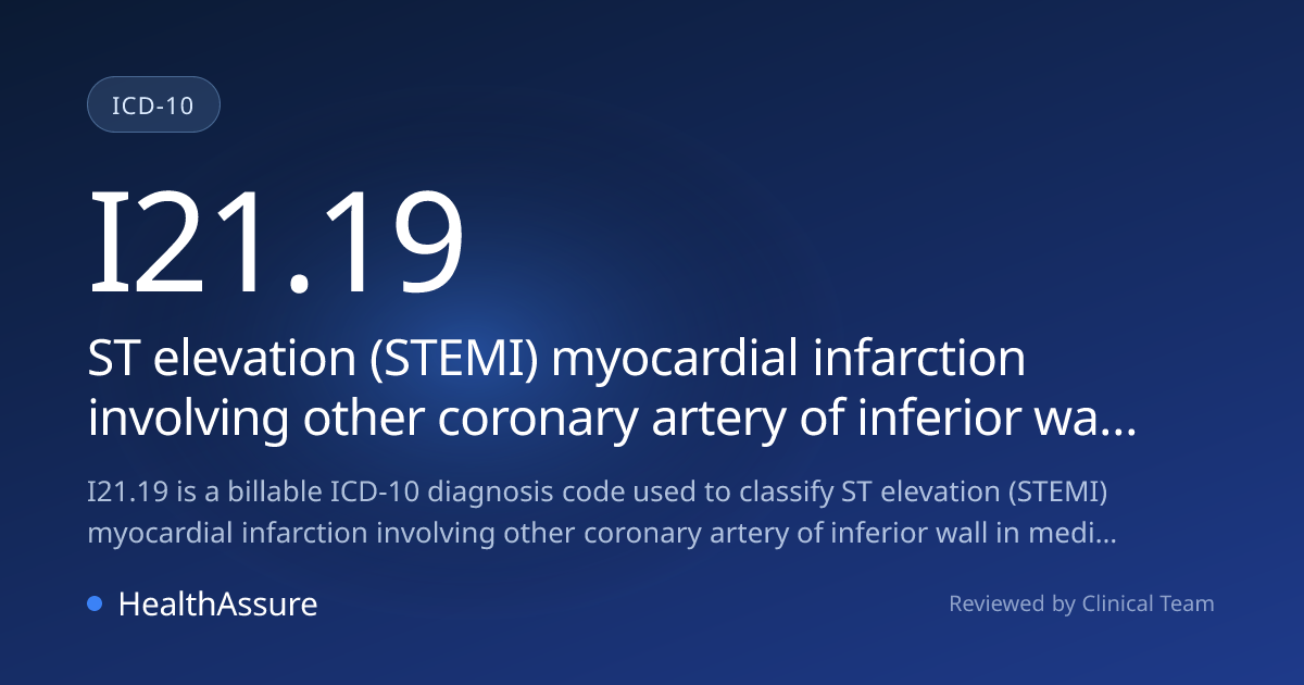 ICD-10 Code I21.19 for ST elevation (STEMI) myocardial infarction ...