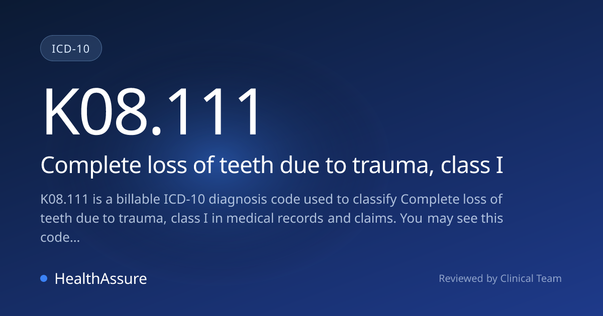 ICD-10 Code K08.111 for Complete loss of teeth due to trauma, class I ...