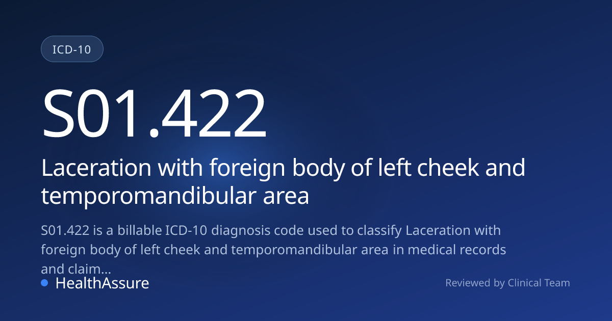 ICD-10 Code S01.422 for Laceration with foreign body of left cheek and ...