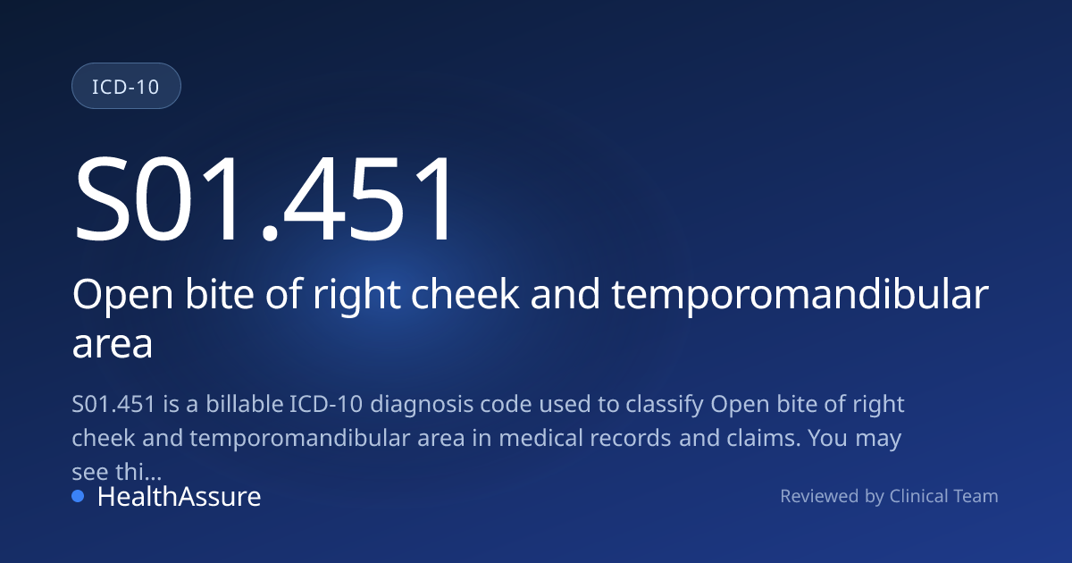 ICD-10 Code S01.451 for Open bite of right cheek and temporomandibular ...