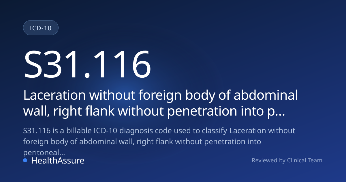 ICD-10 Code S31.116 for Laceration without foreign body of abdominal ...
