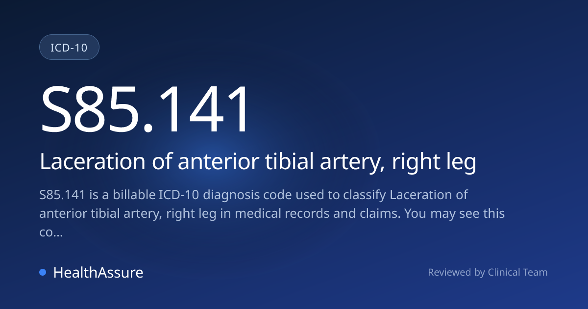 ICD-10 Code S85.141 for Laceration of anterior tibial artery, right leg ...