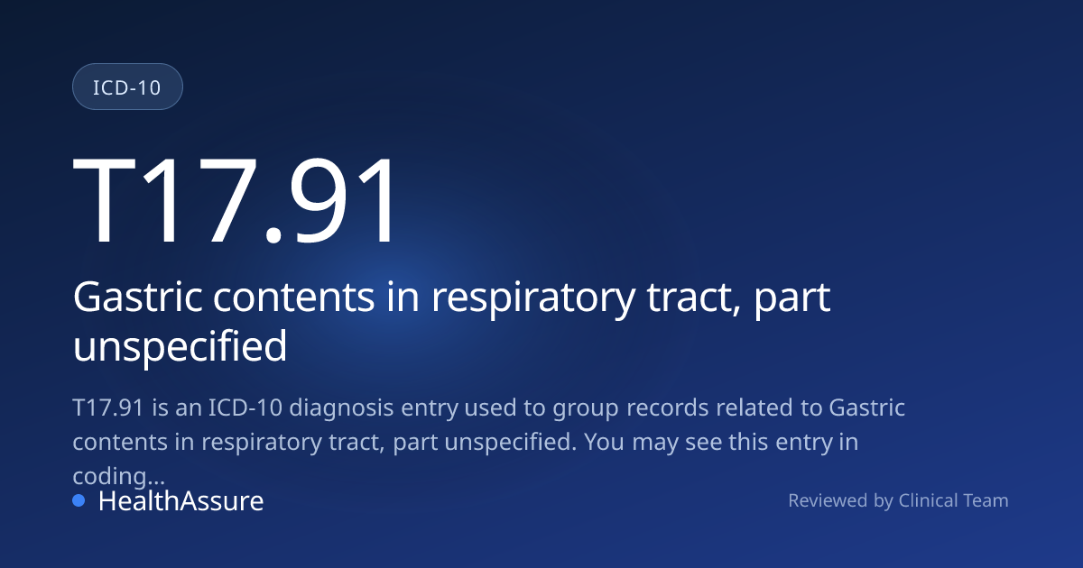 ICD-10 Code T17.91 for Gastric contents in respiratory tract, part ...
