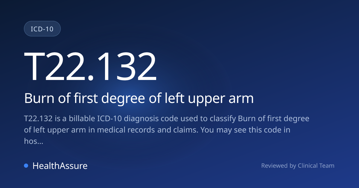 ICD-10 Code T22.132 for Burn of first degree of left upper arm ...