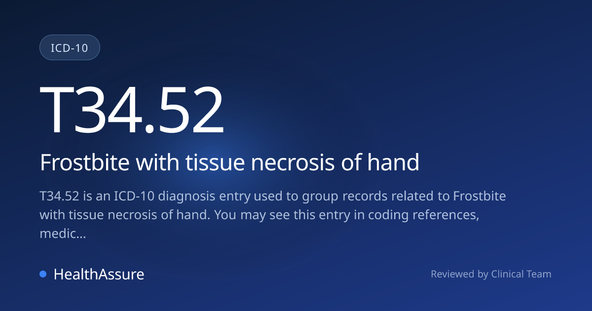 ICD-10 Code T34.52 for Frostbite with tissue necrosis of hand ...